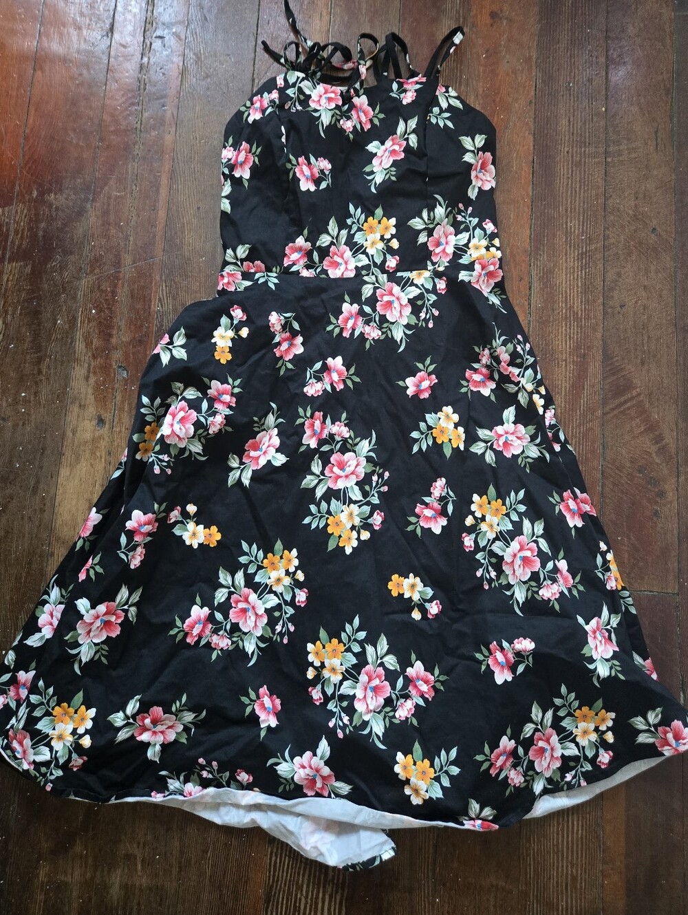 Black Floral Sundress with Pink & Yellow Blooms